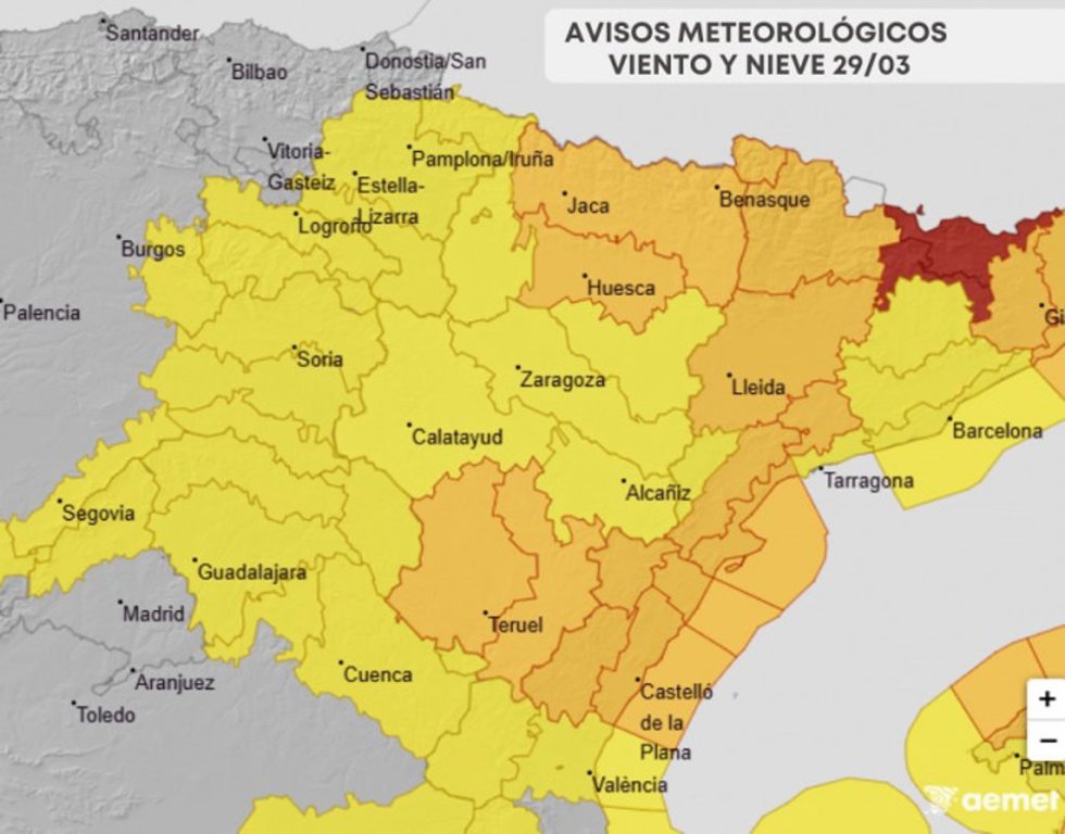 Mapa con los avisos para este domingo en Aragón.