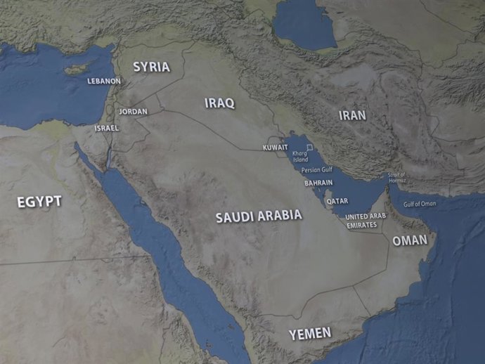March 19, 2026, Taichung, Taiwan: A map depicting Egypt, Israel, Lebanon, Jordan, Syria, Iraq, Iran, the Kharg Island, the Persian Gulf, the Strait of Hormuz, the Gulf of Oman, Kuwait, Bahrain, Qatar, United Arab Emirates, Saudi Arabia, Oman and Yemen is 