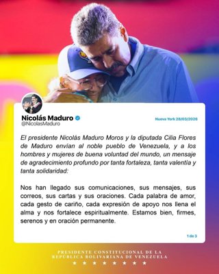 El presidente de Venezuela, Nicolás Maduro, y su esposa, Cilia Flores, envían al noble pueblo venezolano