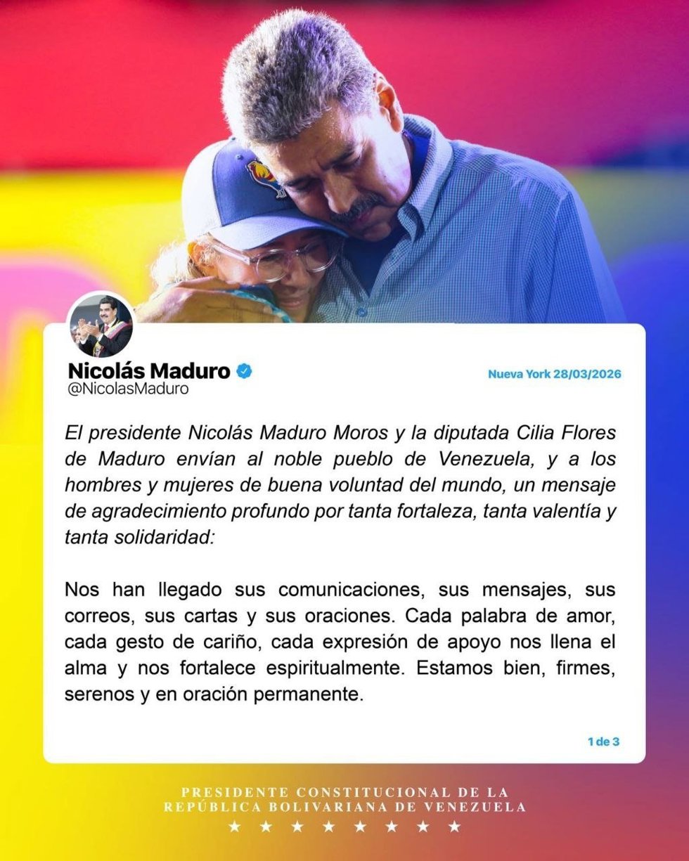 El presidente de Venezuela, Nicolás Maduro, y su esposa, Cilia Flores, envían al noble pueblo venezolano