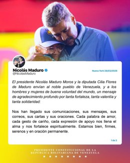 O presidente da Venezuela, Nicolás Maduro, e sua esposa, Cilia Flores, enviam ao nobre povo venezuelano