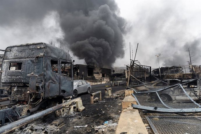 March 8, 2026, Tehran, Tehran, Iran: a burned tanker is seen following U.S.-Israeli strikes on the Shahran oil depot on the eighth day of the war in western Tehran, Iran, Sunday, March 8, 2026.,Image: 1081386488, License: Rights-managed, Restrictions: , M