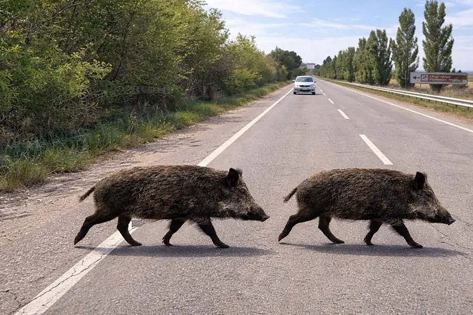 Dos jabalíes cruzando por la carretera.-ARCHIVO