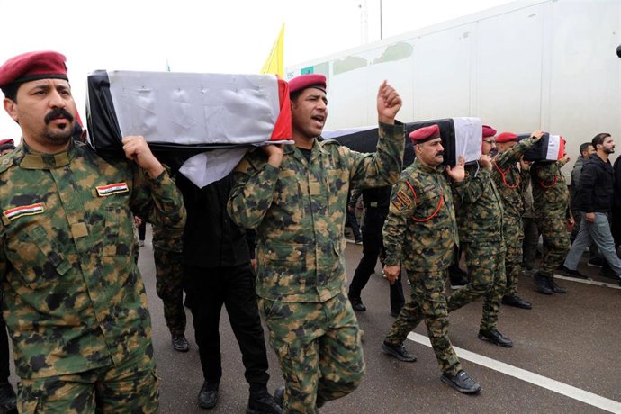 Funeral por un miembro de las Fuerzas de Movilización Popular, muerto en un ataque de EEUU, a 24 de marzo de 2026 