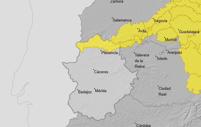 Alerta amarilla en el norte de Cáceres por rachas de viento, a 29 de marzo de 2026.