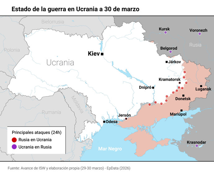 Mapa con estado de la guerra en Ucrania.
