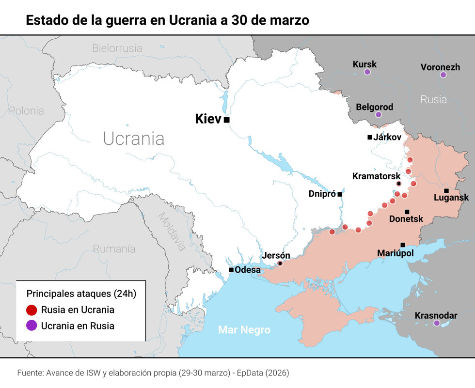 Mapa con estado de la guerra en Ucrania.