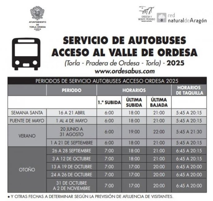 Cartel informativo sobre el servicio de autobuses de Torla a la pradera de Ordesa.