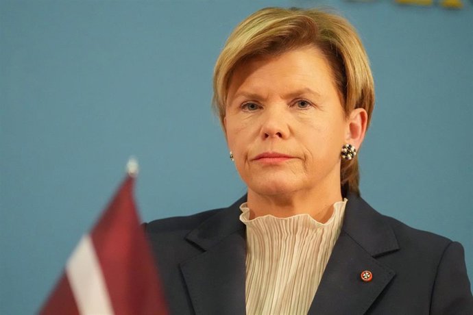 Archivo - La ministra de Exteriores de Letonia, Baiba Braze, en una rueda de prensa desde Riga.