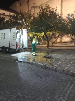 Un operario realiza labores de limpieza viaria en el centro de Jaén.