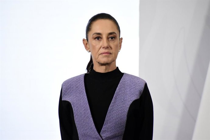 Mexico's President Claudia Sheinbaum Pardo, speaks during a news conference at National Palace. on March 26, 2026 in Mexico City, Mexico.