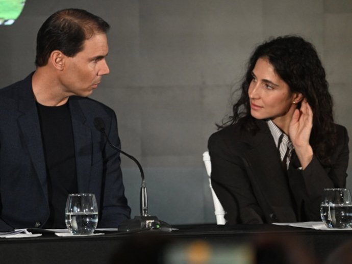 Archivo - Rafa Nadal y Xisca Perelló durante la presentación de 'Spin&Swing' en el Real Club de Campo Villa de Madrid, a 10 de febrero de 2026, en Madrid (España).