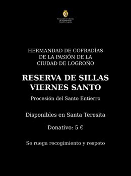 La Hermandad de Cofradías ofrece reservar sillas para la procesión del 'Santo Entierro' de Logroño por cinco euros