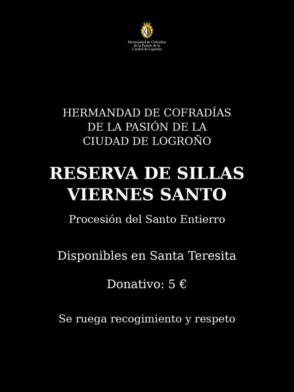 La Hermandad de Cofradías ofrece reservar sillas para la procesión del 'Santo Entierro' de Logroño por cinco euros