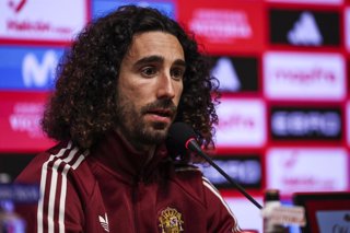 Marc Cucurella of Spain attends the press conference ahead of the International friendly, football match against Egypt at RCDE Stadium on March 30, 2026 in Cornella, Spain.