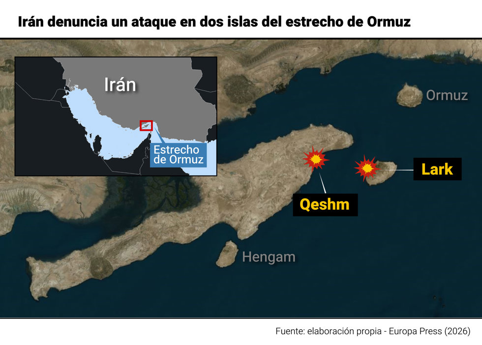 La aldea de Ramcha, en la isla de Qeshm, y la isla de Lark, ambas pertenecientes al condado iraní de Qeshm, señalizadas en un mapa de esta parte del estrecho de Ormuz