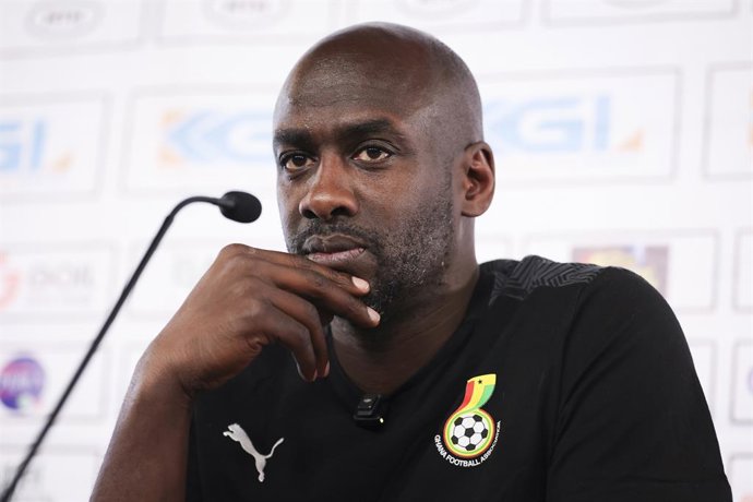 29 March 2026, Stuttgart: Ghana national team coach Otto Addo attends a press conference at Stuttgart Arena, ahead of Monday's International Friendly soccer match against Germany. Photo: Christian Charisius/dpa - WICHTIGER HINWEIS: Gemä den Vorgaben der 
