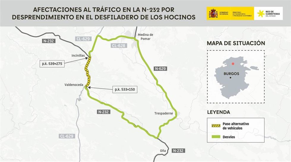 Transportes restablece mañana el tráfico en la N-232 entre Valdenoceda e Incinillas tras las obras de emergencia por el desprendimiento de rocas en el Desfiladero de los Hocinos