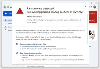 Alerta para el usuario final en Drive para escritorio cuando se detecta 'ransomware'.