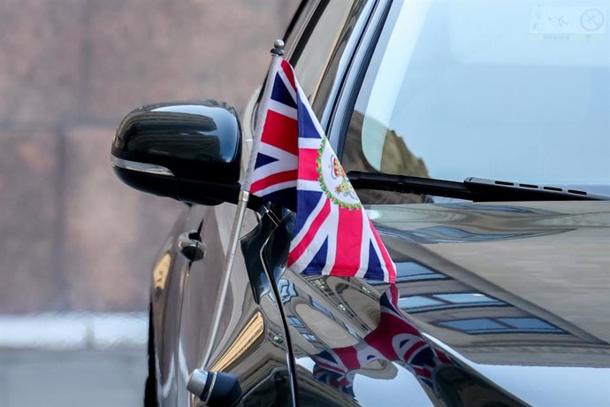 RUSSIA, MOSCOW - MARCH 30, 2026: An official car with a British flag is seen during the arrival of Deputy Head of the UK's Mission to Russia Danae Dholakia who was summoned to Russia's Ministry of Foreign Affairs