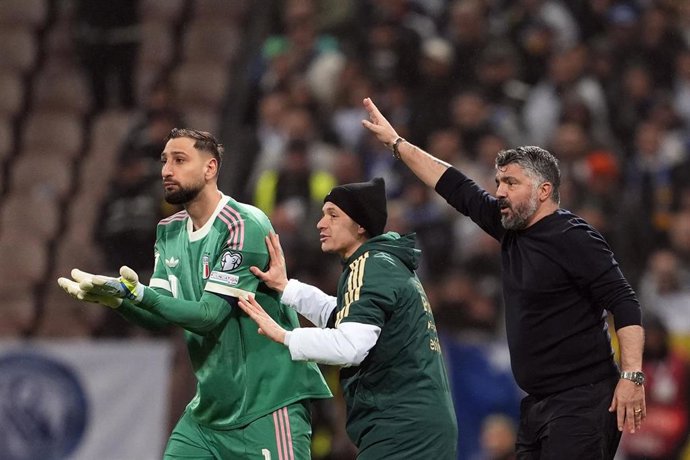March 31, 2026, Zenica, Bosnia Erzegovina: Gianluigi Donnarumma of Italy, NicolÃ Barella of Italy, Gennaro Gattuso coach of Italy protest against referee during the final soccer match for the qualification for the 2026 World Cup between Bosnia Herzegovin