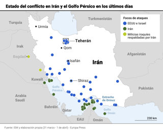 Mapa del estado del conflicto en Irán y el Golfo Pérsico.