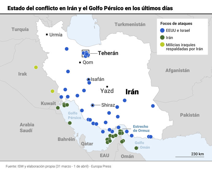 Mapa del estado del conflicto en Irán y el Golfo Pérsico.