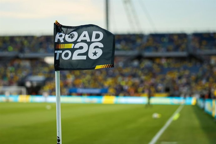 31 de março de 2026, Orlando, Flórida, EUA: Bandeira do Road to 26 na partida do Road to 26 da FIFA entre Croácia e Brasil, vencida pelo Brasil por 3 a 1, no Camping World Stadium.