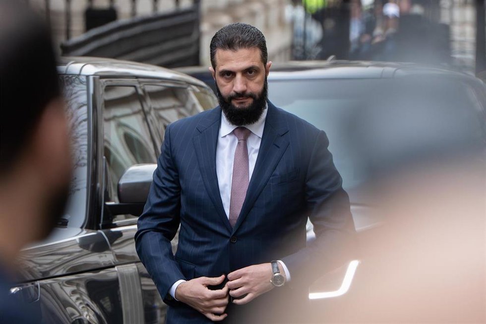 El presidente de transición en Siria, Ahmed al Shara, durante su visita a Londres. 