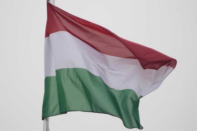 Archivo - October 10, 2024, Saint Petersburg, Russia: The national flag of the Republic of Hungary, fluttering in the wind on a flagpole in Saint Petersburg, Russia.
