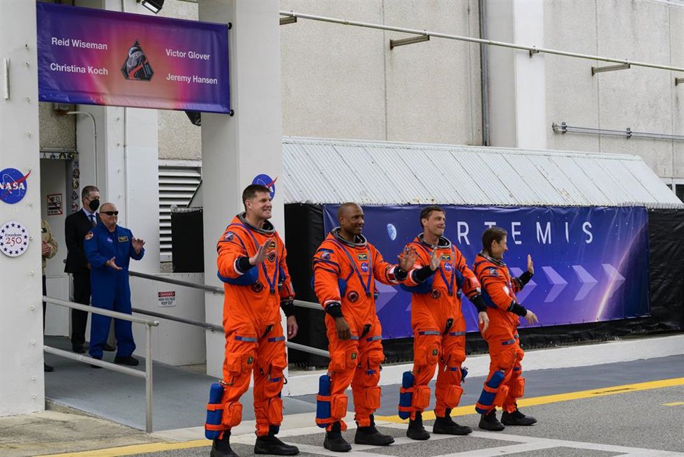 April 1, 2026, Merritt Island, Florida, USA: Artemis II astronauts (L-R) JEREMY HANSEN, VICTOR GLOVER, REID WISEMAN, and CHRISTINA KOCH walk out of the Neil A. Armstrong Operations and Checkout Building on their way to board NASA's Space Launch System (SL