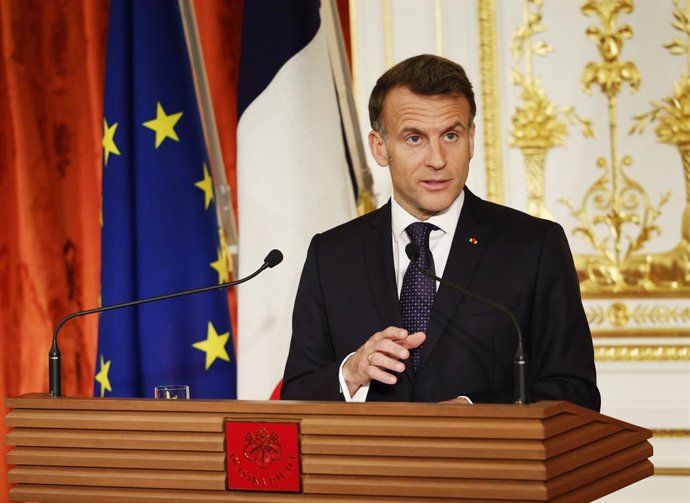 April 1, 2026, Tokyo, Tokyo, Japan: French President Emmanuel Macron (L) speaks during a joint press conference with Japanese Prime Minister Sanae Takaichi (not pictured) at the Akasaka Palace state guest house in Tokyo. French President Emmanuel Macron i