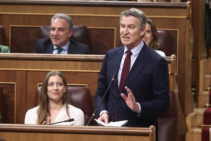 El presidente del Partido Popular, Alberto Núñez Feijóo, durante una sesión de control al Gobierno, en el Congreso, a 25 de marzo de 2026, en Madrid (España). Sánchez y Feijóo se miden este miércoles en el Pleno del Congreso en plena escalada por la guerr