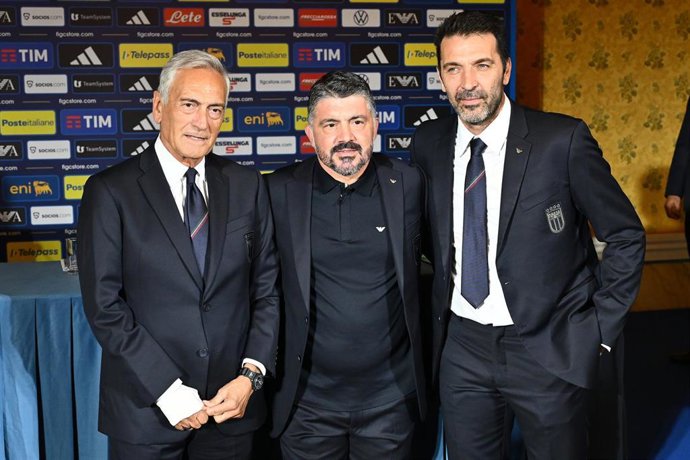 Archivo - Gennaro Gattuso, Gabriele Gravina y Gianluigi Buffon