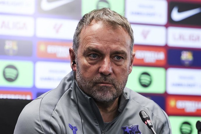 Hansi Flick, head coach of FC Barcelona, attends his press conference during the training day of FC Barcelona ahead the Spanish League, LaLiga EA Sports, football match against Athletic Club at Ciudad Esportiva Joan Gamper on March 06, 2026 in Sant Joan D