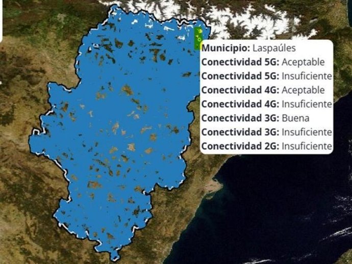 En el mapa de la web se puede consultar la calidad de cobertura de móvil en los municipios de Aragón