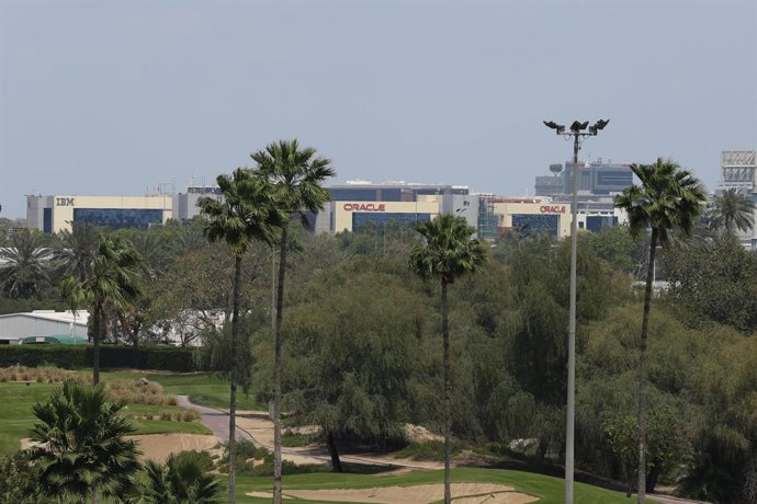 DUBAI, April 3, 2026  -- This photo taken on April 3, 2026 shows an exterior view of the U.S. Oracle tech corporation in Dubai, the United Arab Emirates. Iran's Islamic Revolution Guard Corps (IRGC) said Thursday that it had hit a data center of the U.S. 