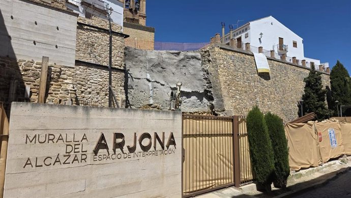Trabajos para la recuperación de la parte de la muralla que sufrió el derrumbe.