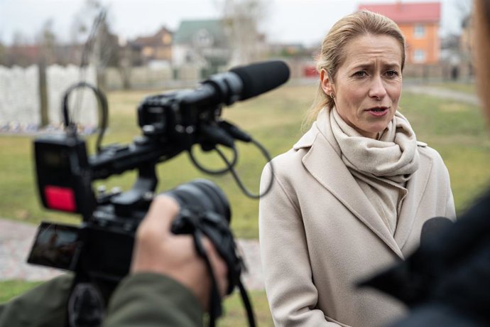 31 de março de 2026, Bucha, Região de Kiev, Ucrânia: Kaja Kallas, Alta Representante da UE para os Assuntos Externos e a Política de Segurança e vice-presidente da Comissão Europeia, fala à imprensa durante um evento em memória das vítimas do massacre per