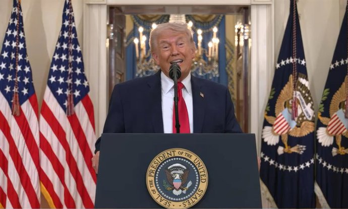 April 2, 2026, Washington, Dc, United States of America: U.S President Donald Trump, delivers an address to the nation on the Iran War from the Cross Hall of the White House, April 1, 2026 in Washington, D.C. Still image from White House provided video.