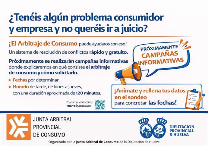 La Junta Arbitral de Consumo de la Diputación de Huelva pone en marcha una campaña de difusión del Sistema Arbitral a nivel provincial.
