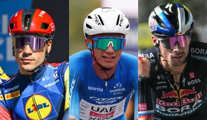 Juan Ayuso (Lidl-Trek), Isaac del Toro (UAE Team Emirates XRG) y Primoz Roglic (Red Bull-BORA-hansgrohe)