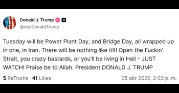 Trump exige a los "locos cabrones" de Irán que abran para el martes "el puto estrecho" de Ormuz