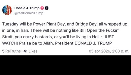 Trump exige a los "locos cabrones" de Irán que abran para el martes "el puto estrecho" de Ormuz