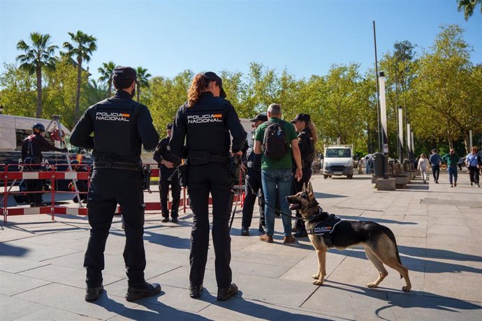 Imágenes de la muestra de las fuerzas policiales de cara a la Semana Santa de Sevilla.