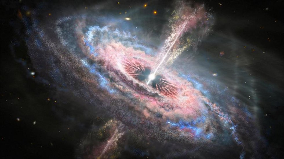 Archivo - Representación artística de una galaxia lejana con un cuásar activo en su centro.