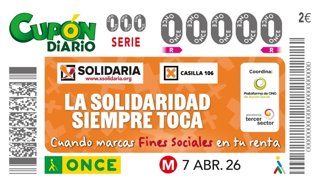 La 'X Solidaria', La Casilla 106 De Fines Sociales De La Declaración De La Renta, Protagonizará Un Total De Cinco Millones De Cupones De La ONCE Este Martes 7 De Abril, Con El Lema 'La Solidaridad Siempre Toca'.