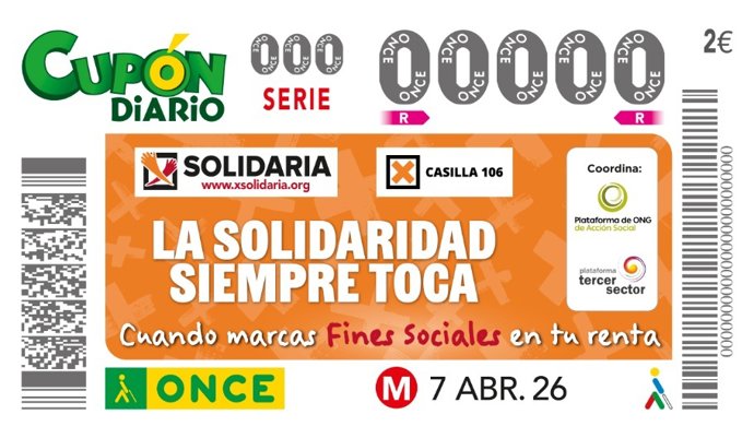 La 'X Solidaria', La Casilla 106 De Fines Sociales De La Declaración De La Renta, Protagonizará Un Total De Cinco Millones De Cupones De La ONCE Este Martes 7 De Abril, Con El Lema 'La Solidaridad Siempre Toca'.