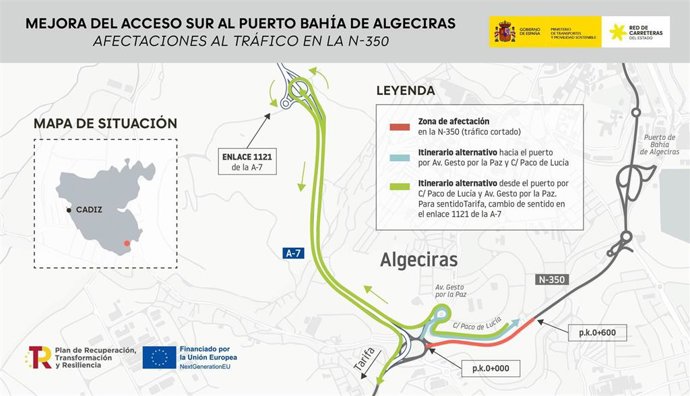 Esquema del corte de tráfico y servicio alternativo por obras en el acceso sur del Puerto de Algeciras