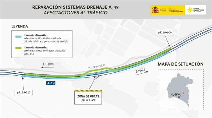 Plano de la A-49 en el que se indica el tramo al que afectarán las obras en la A-49.